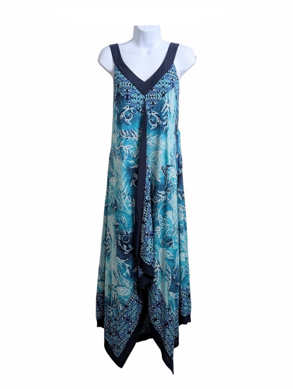 Style & Co Blue Aqua Watercolor Midi Maxi Dress Sz L Sleeveless Handkerchief Hem